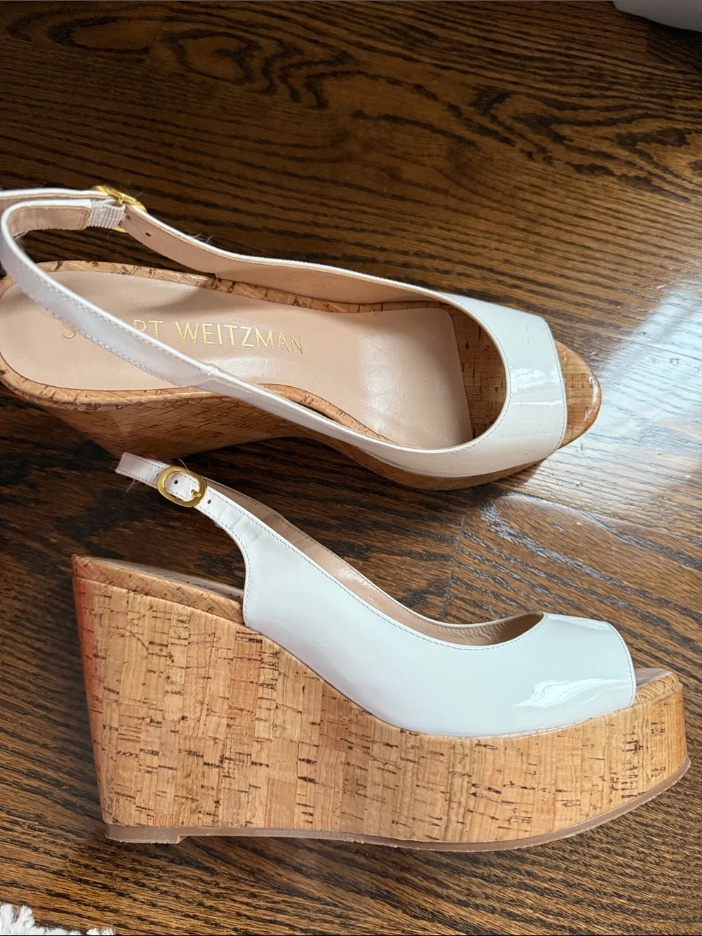 Stuart Weitzman White Patent Cork Wedge Slingbacks - Picture 2 of 5